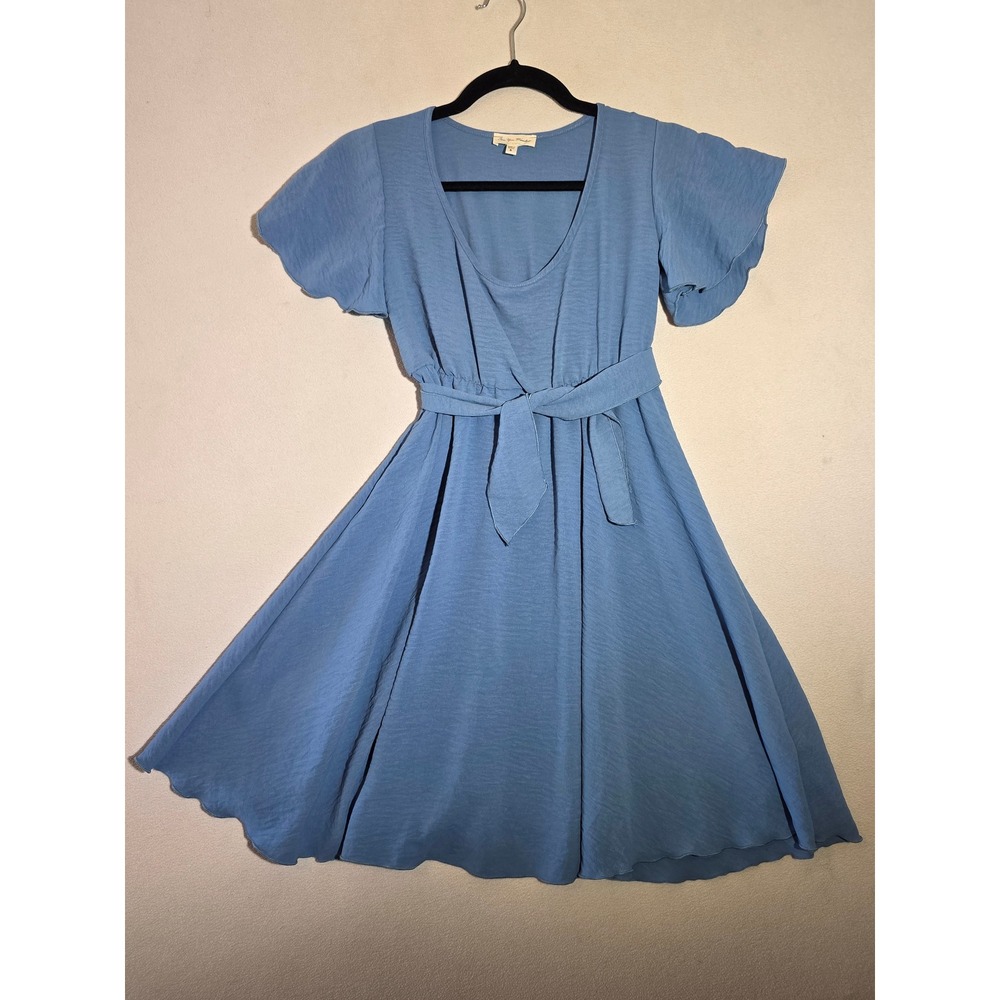 See You Monday Dusty Blue Mini Dress with Waist Tie